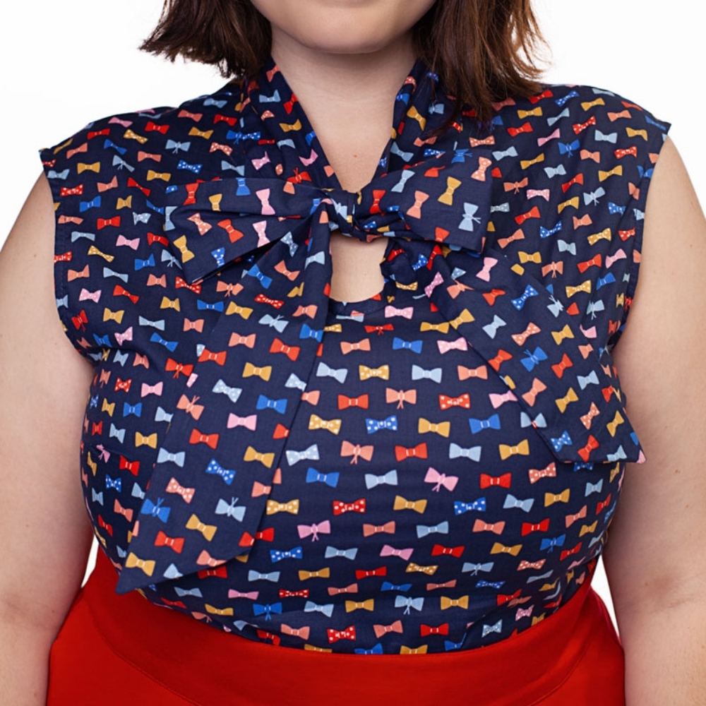 ModCloth Navy Bow-Print Cap-Sleeve Blouse with Bow Tie